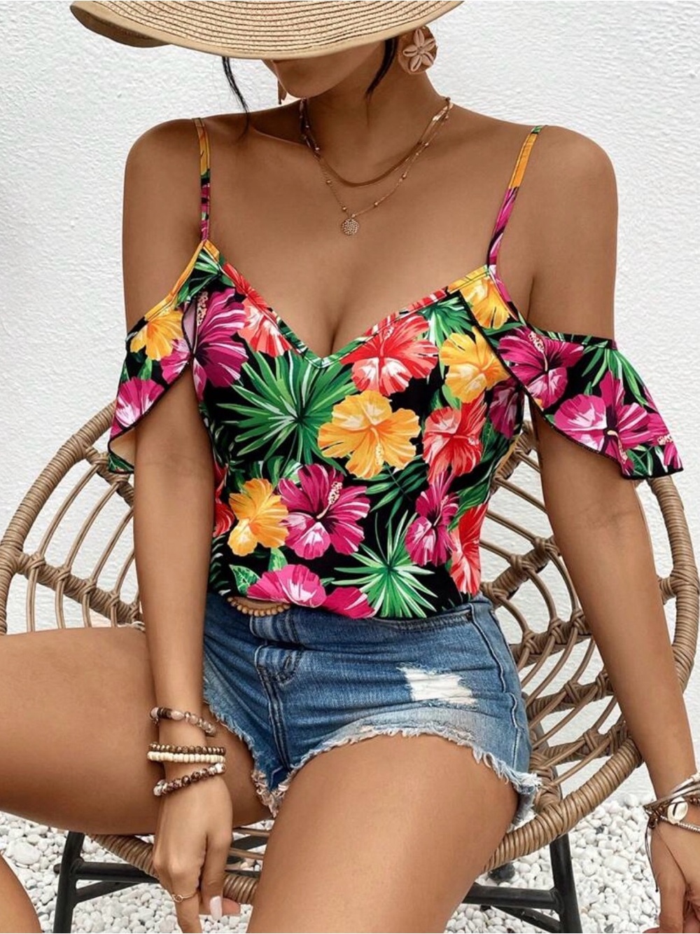 Floral V-Neck Cold Shoulder Top - Black with Multicolor Hibiscus